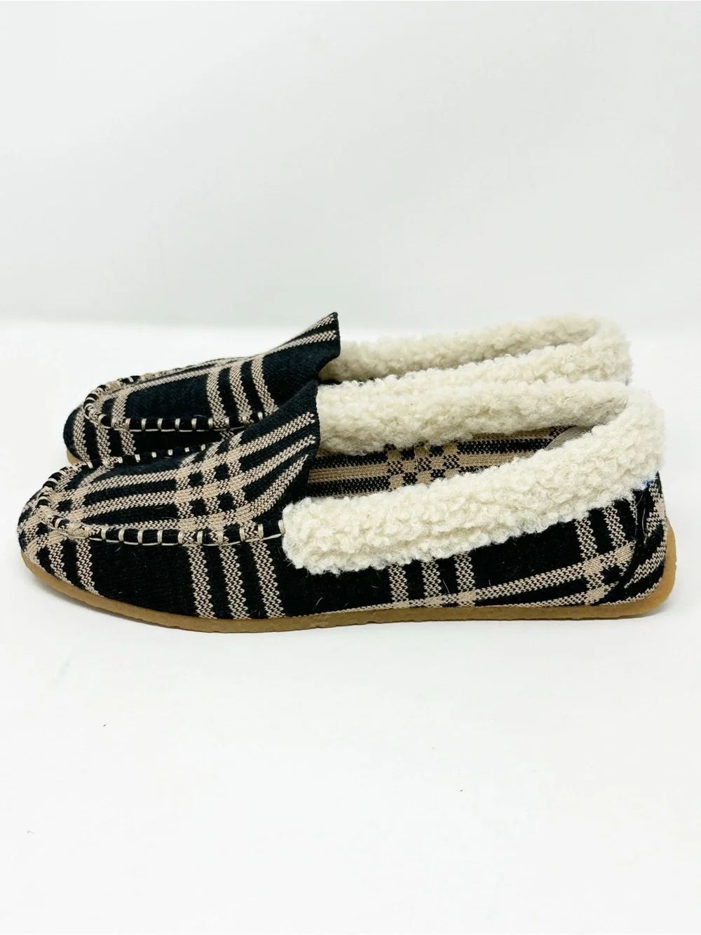 Rothy’s The Slipper Black Camel Plaid Loafer Sherpa Lined Merino Wool Size 7 - Picture 3 of 11